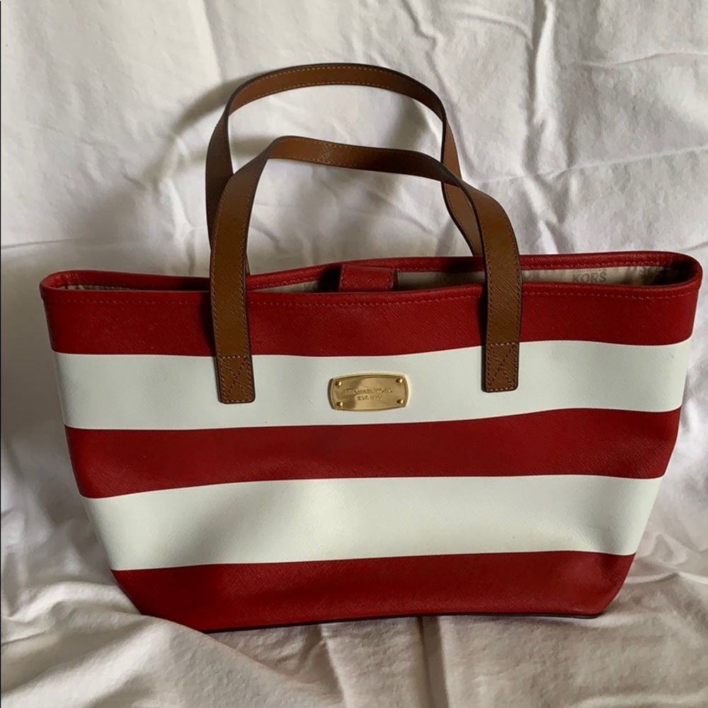 Red & White Stripe Michael Kors Jet Set Tote